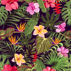 Fotobehang seamless pattern with tropical leaves and flowers © Hmarka