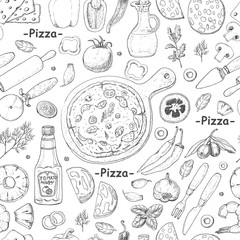 Seamless pattern with pizza and various products