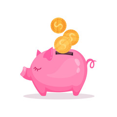 Pink piggy bank with falling golden coins, saving and investing money concept cartoon vector Illustration