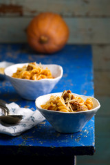 pumpkin sausage penne.style rustic.selective focus