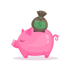 Pink piggy bank and money bag, saving and investing money concept  cartoon vector Illustration