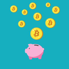 Piggy bank, bitcoin vector icon. Crypto currency saved, money security concept for web design, banner, mobile app. Payment Cryptocurrency, Color Minimalist flat style, cute sign isolated on white