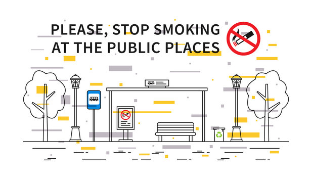 Bus stop no smoking vector illustration with colorful elements. Stop smoking sign at the public place line art concept.