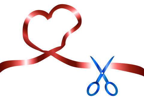 scissors cut red heart ribbon background