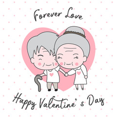 Cute old couple decorated happy valentine's day character on white background with heart and pink polka dot.