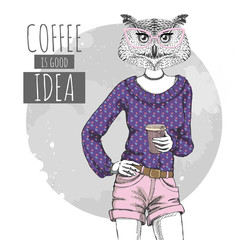 Retro Hipster fashion bird owl with coffee. Woman model
