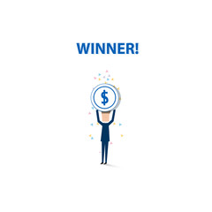 A businessman and a coin of success with congratulation colorful flakes. Business concept of success. Vector illustration.