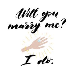 Will you marry me lettering. Hand drawn vector illustration, greeting card, design, logo for Valentine s Day.