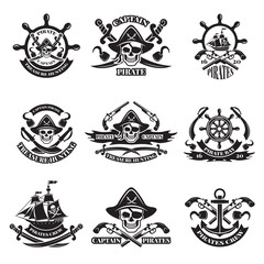 Monochrome pictures of pirate labels. Illustration of military ships, skull and guns