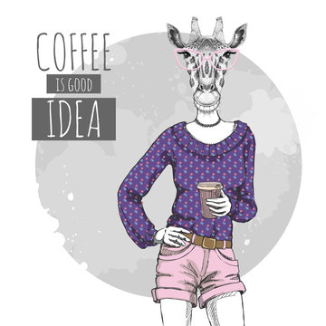 Retro Hipster fashion animal giraffe with coffee. Woman model