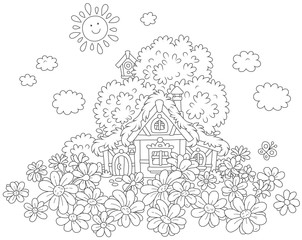 Fototapeta premium Small lodge with a thatched roof under a tree on a field of daisies, a black and white vector illustration for a coloring book
