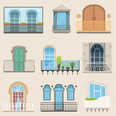 Detailed balcony set in different styles. Classical, modern and decorative forged balconies. Flat cartoon vector, isolated architecture building elements