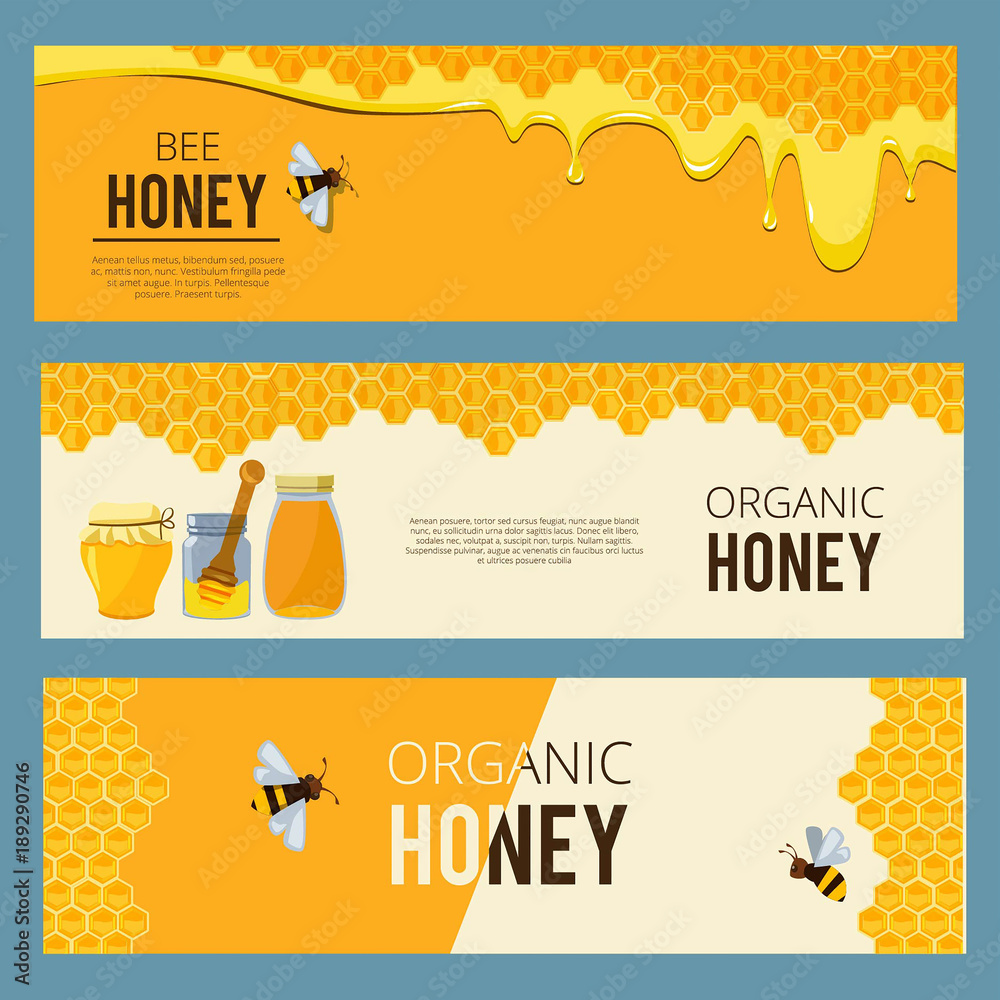 Sticker Horizontal banners with pictures set of apiary. Honey, waxing bee and beehive