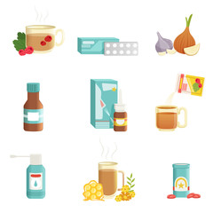 Fototapeta na wymiar Flu icons set. Alternative and traditional treatments. Tea with raspberries, pills, onions, syrup, nose drops, drink with herbs and honey, throat spray. Flat vector