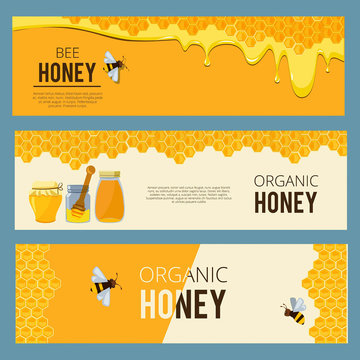 Horizontal banners with pictures set of apiary. Honey, waxing bee and beehive