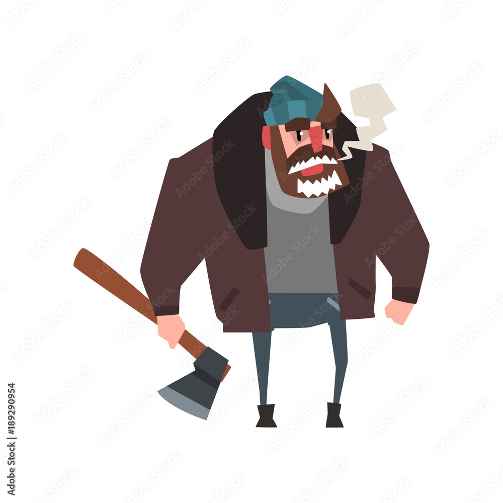 Wall mural Strong man character with axe in hand. Lumberjack with frozen beard. Cartoon woodcutter in warm clothes hat, sweater, jacket and jeans. Isolated flat vector design