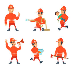 Cartoon characters of firefighters in action poses
