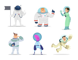 Male and female astronauts. Cartoon characters in action poses