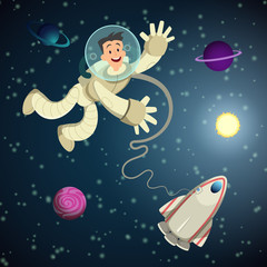 Astronaut in open space with shuttle and some planets. Vector cartoon background