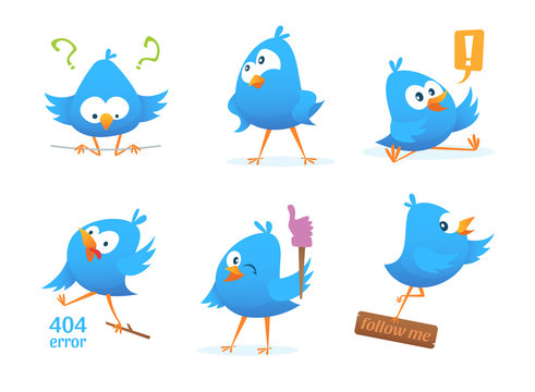 Funny characters of blue birds in action poses