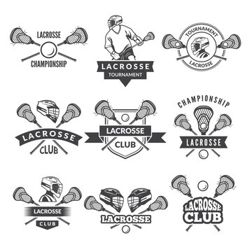 Vector logos or labels for lacrosse team in sport college