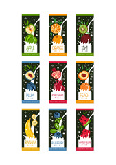 Labels for fruits milk. 9 different tastes apple, orange, kiwi, plum, pomegranate, peach, banana, blueberry and watermelon. Flat vector product package design