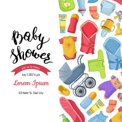 Vector baby shower invitation with lettering and baby accessories illustration