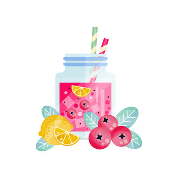 Cowberry-lemon smoothie in glass jar with ice cubes and drinking straws. Refreshing vegetarian cocktail. Tasty beverage. Organic and healthy juice. Flat vector design