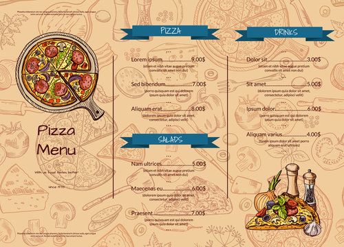 Vector Italian Pizza Restaurant Menu Template With Hand Drawn Colored Elements