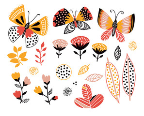 Set of summer design elements. Butterflies, leaves and flowers. Decorative objects for cards, invitations or poster.