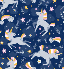 Unicorn magic seamless vector pattern. Funny kids design for fabric, wallpaper or gift paper.