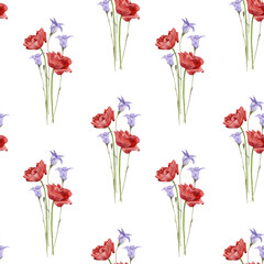 Fototapeta na wymiar Seamless pattern with watercolor poppy flowers
