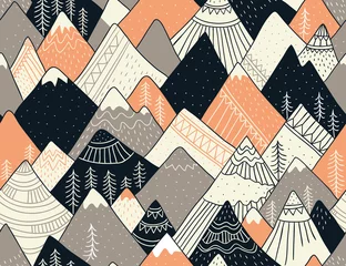 Foto op Plexiglas Bergen Naadloze patroon met bergen in Scandinavische stijl. Decoratieve achtergrond met landschap. Handgetekende ornamenten.