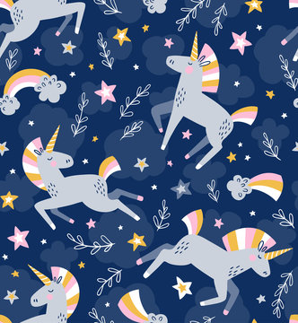 Fototapeta Unicorn magic seamless vector pattern. Funny kids design for fabric, wallpaper or gift paper.