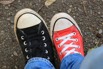 red and black sneakers