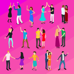 Isometric Dancing People Characters Icon Set. Vector