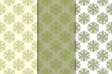 Set of olive green floral backgrounds. Seamless patterns