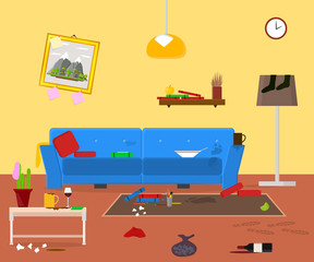 Cartoon Dirty Organized Apartment for Cleaning Room Service Card Poster. Vector
