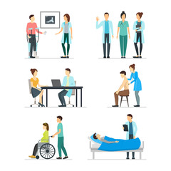 Fototapeta na wymiar Cartoon Doctors and Patients Characters Icon Set. Vector