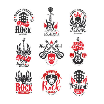 Collection of vintage rock music emblems. Original monochrome label for festival or record studio. Flat vector design for badge, logo, t-shirt print, poster