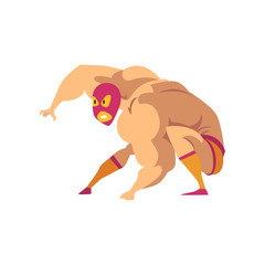 Strong wrestler in landing powerful action. Mixed martial artist. Cartoon fighter character in red-orange mask, shorts and socks. Combat sport. Flat vector design