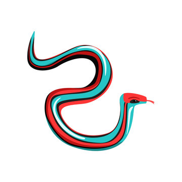 Multi-colored garter snake with tongue out. Venomous reptile with bright blue, red and black. Exotic animal. Wildlife concept. Cartoon flat vector design