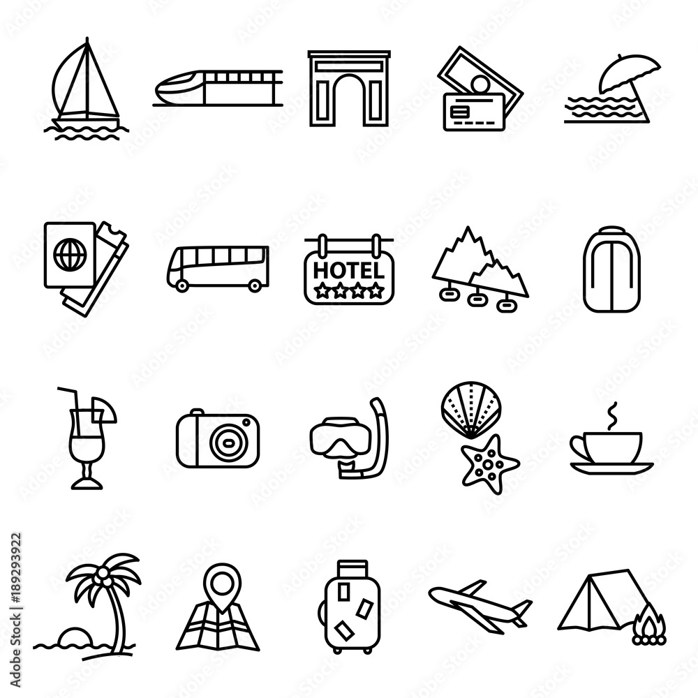 Canvas Prints Travel and Tourism Signs Black Thin Line Icon Set. Vector