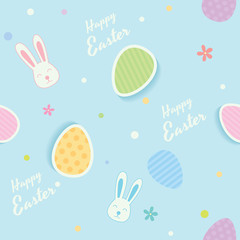 Easter design to seamless pattern decorated with rabbit and painted eggs on blue background.