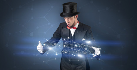 Magician with geometrical connection on his hand