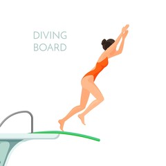 Diving board and girl in red swimsuit jumps from it