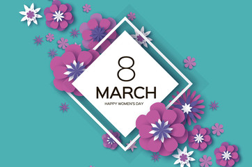 Violet 8 March. Happy Women s Day. Trendy Mother s Day. Paper cut Floral Greeting card. Origami flower. Text. Rhombus frame. Spring blossom on sky blue. Seasonal holiday. Modern paper decoration.