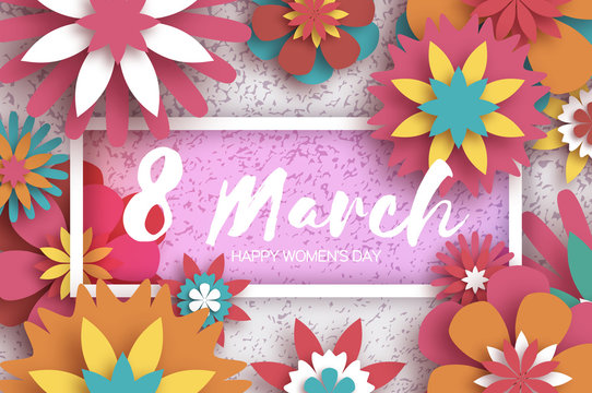 Colorful 8 March. Happy Women s Day. Pink Paper cut Floral Greeting card. Origami flower. Rectangle Frame, space for text. Happy Mother s Day.Text.Spring blossom. Seasonal holiday. Paper decoration.