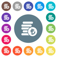 Turkish Lira coins flat white icons on round color backgrounds