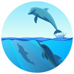 Obraz premium Dolphin jumping out of water in deep blue sea, vector